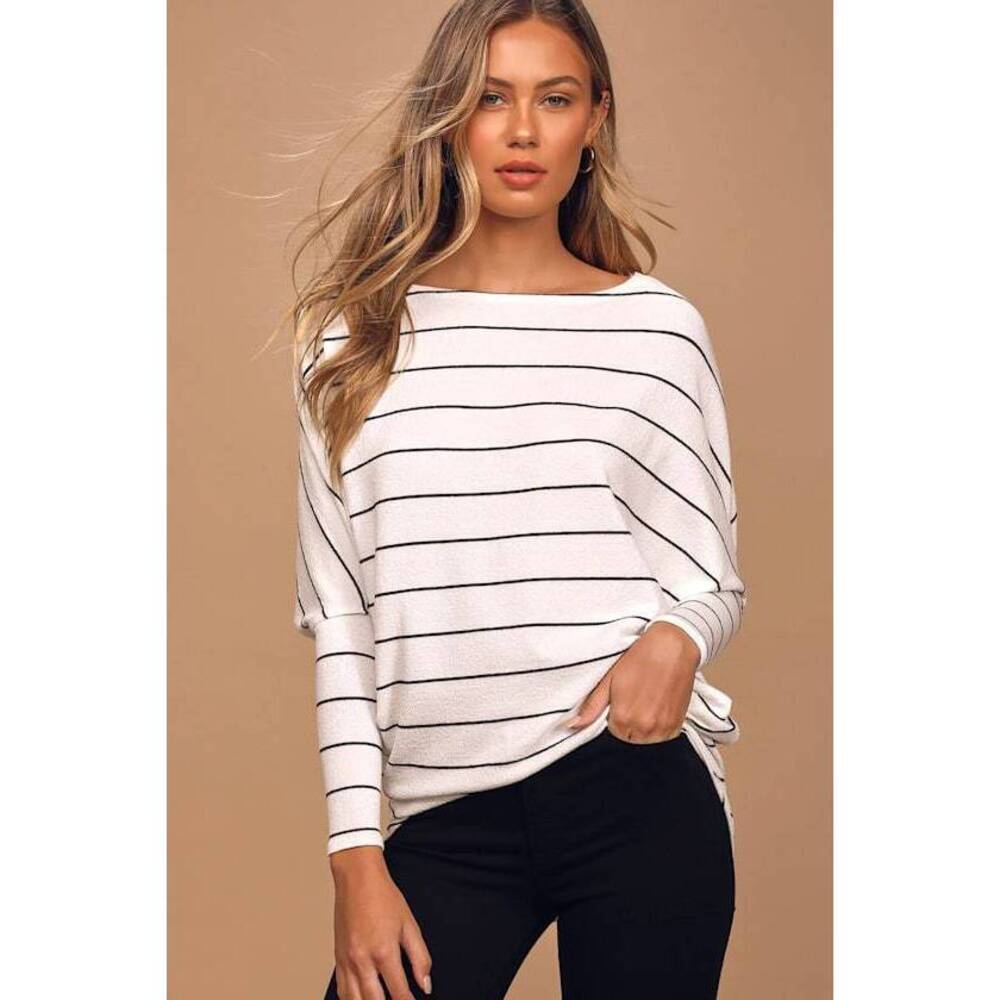Lulus Basics Verla White And Black Striped Dolman Sleeve Sweater Top - Size XS